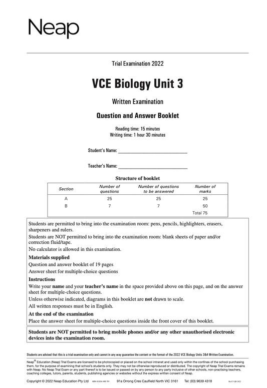 Neap Practice Exam: 2022 VCE Biology Unit 3