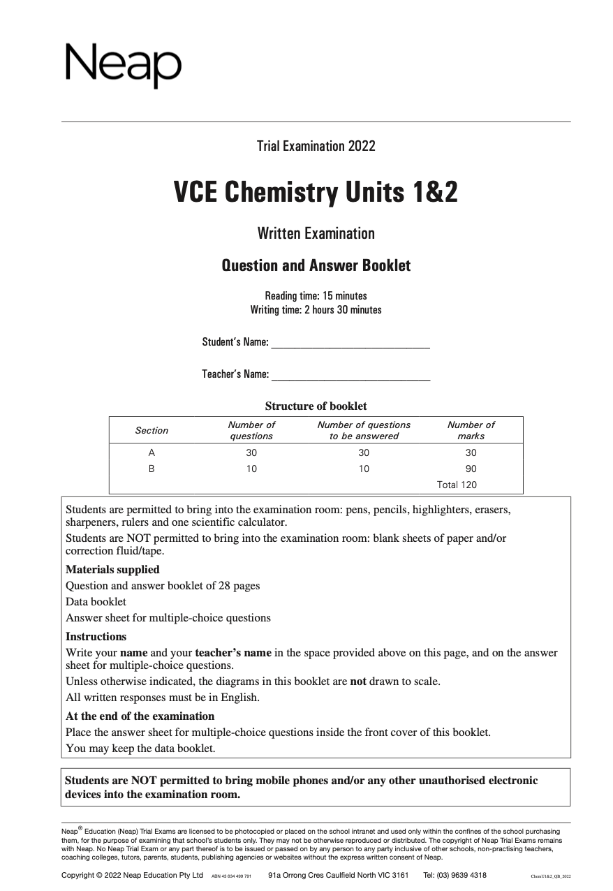 Neap Practice Exam: 2022 VCE Chemistry Units 1&2