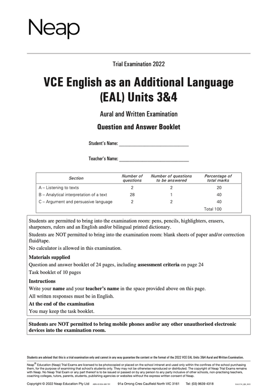 Neap Practice Exam: 2022 VCE English as an Additional Language (EAL) Units 3&4