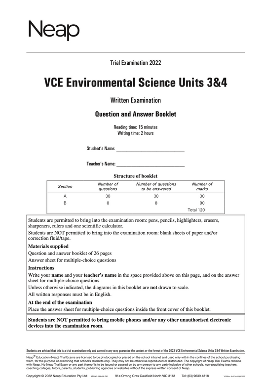Neap Practice Exam: 2022 VCE Environmental Science Units 3&4
