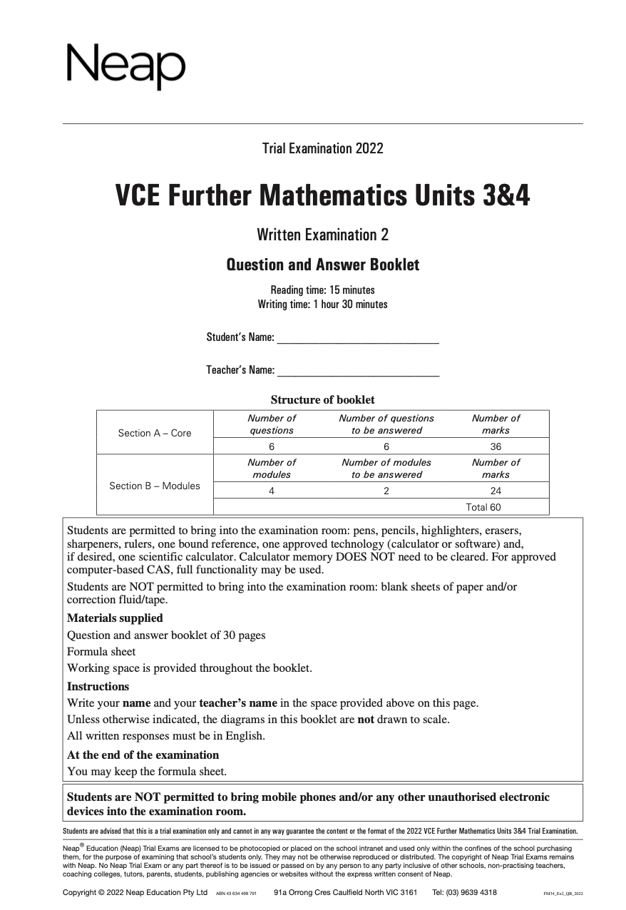Neap Practice Exam: 2022 VCE Further Maths Units 3&4