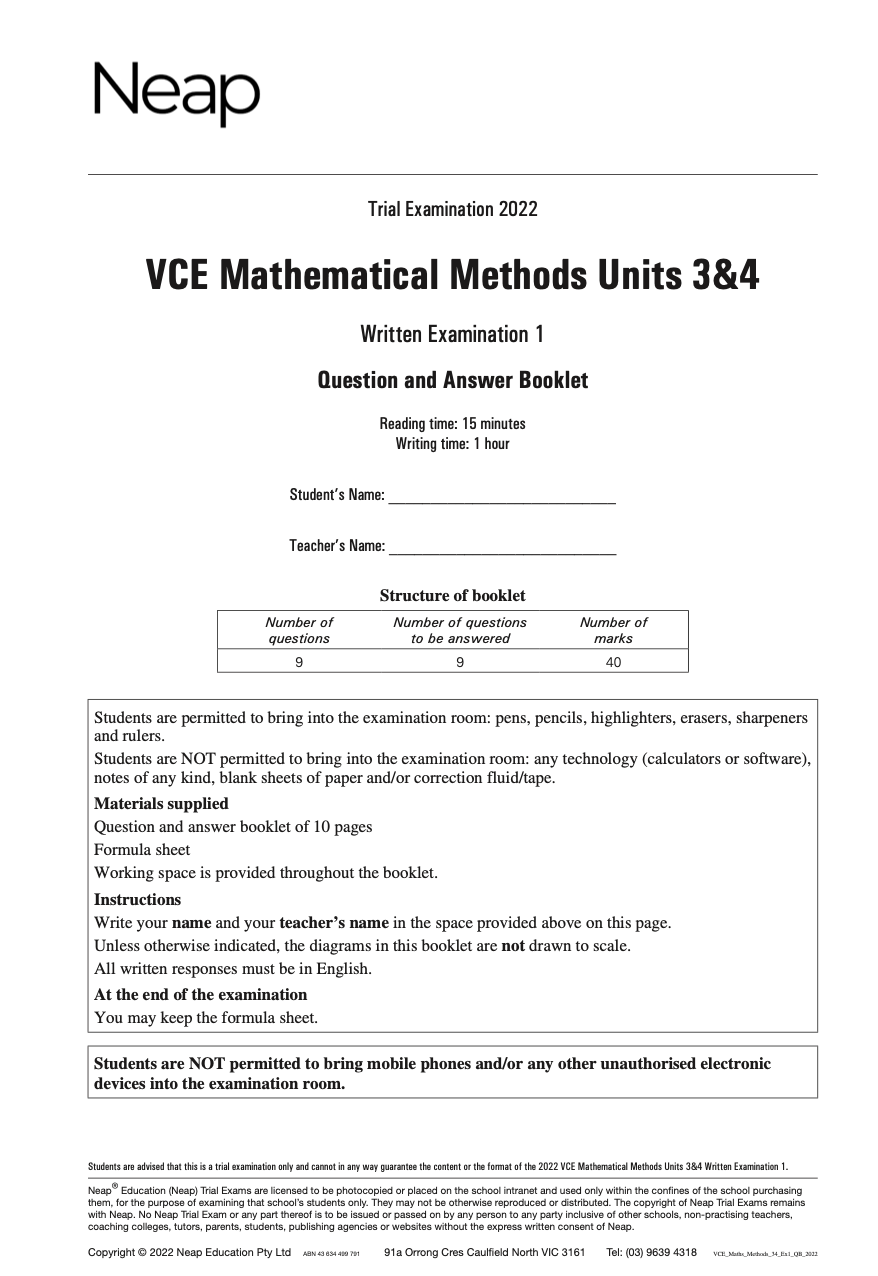 Neap Practice Exam: 2022 VCE Maths Methods Units 3&4