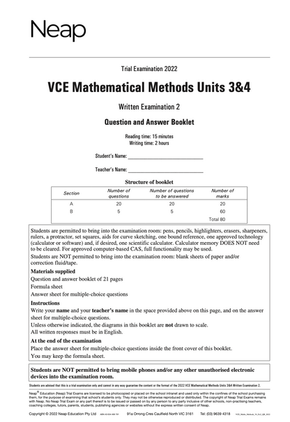 Neap Practice Exam: 2022 VCE Maths Methods Units 3&4