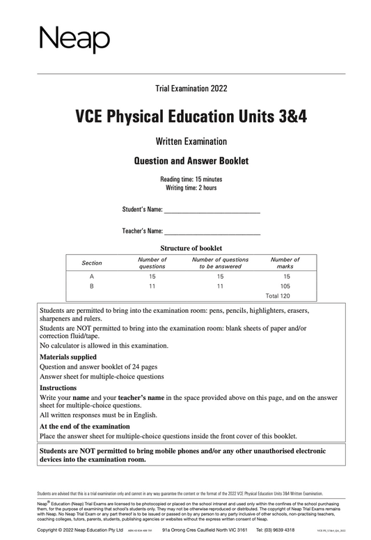 Neap Practice Exam: 2022 VCE Physical Education (PE) Units 3&4