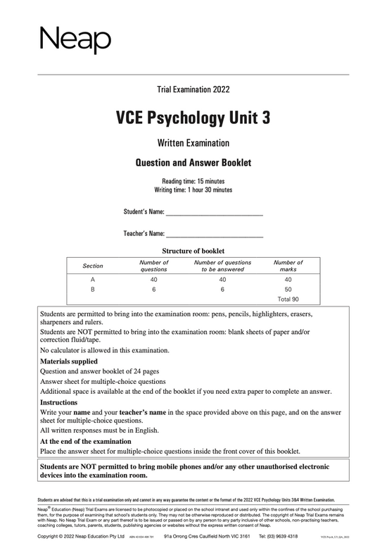 Neap Practice Exam: 2022 VCE Psychology Unit 3