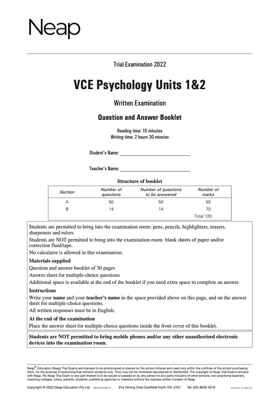 Neap Practice Exam: 2022 VCE Psychology Units 1&2