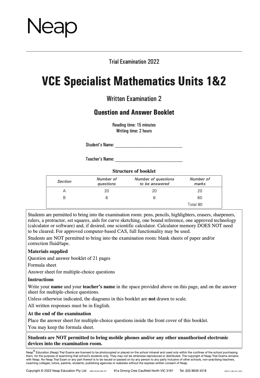 Neap Practice Exam: 2022 VCE Specialist Maths Units 1&2