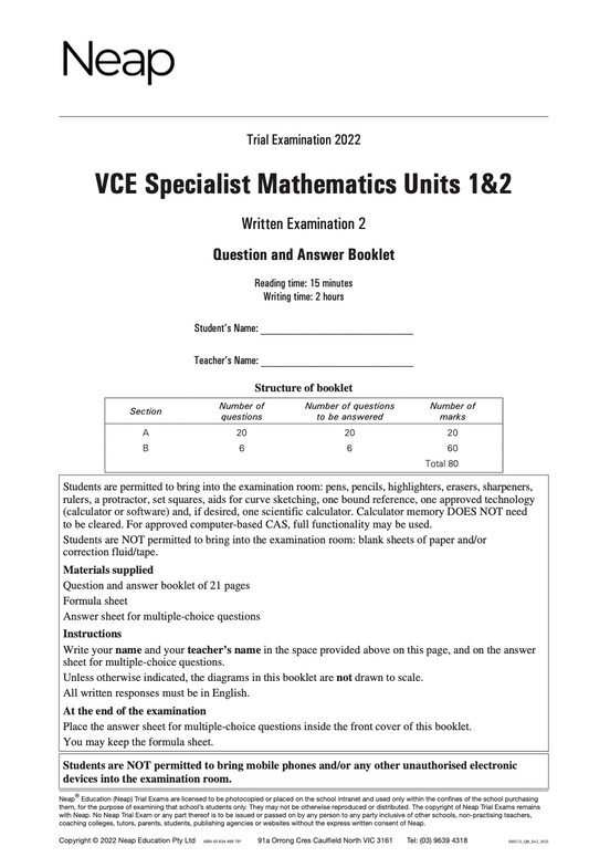 Neap Practice Exam: 2022 VCE Specialist Maths Units 1&2