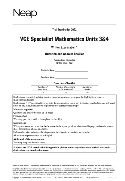 Neap Practice Exam: 2022 VCE Specialist Maths Units 3&4