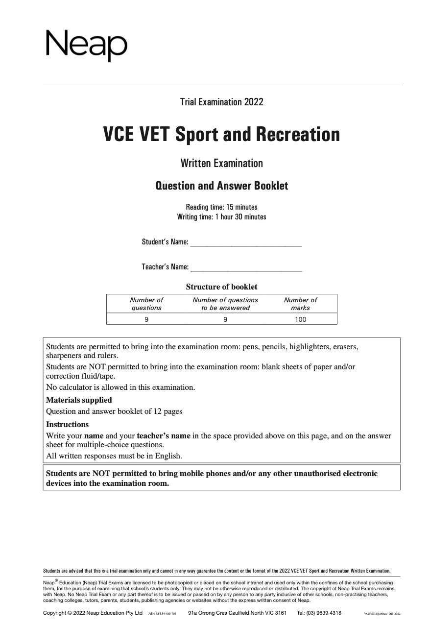 Neap Practice Exam: 2022 VCE VET Sport and Recreation