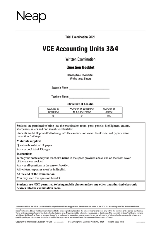 Neap Practice Exam: 2021 VCE Accounting Units 3&4