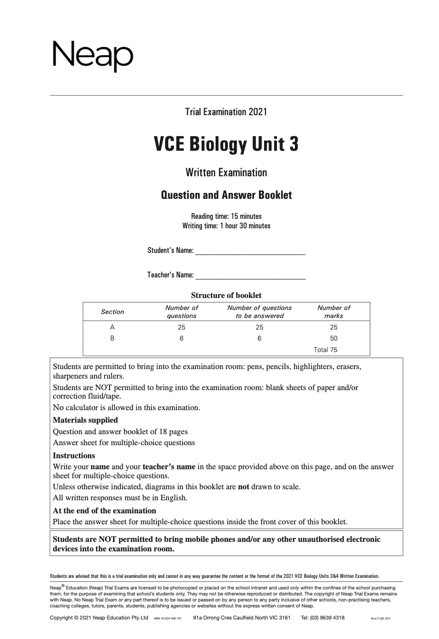 Neap Practice Exam: 2021 VCE Biology Unit 3