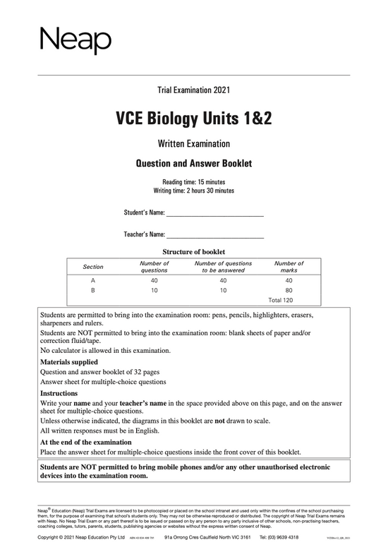 Neap Practice Exam: 2021 VCE Biology Units 1&2