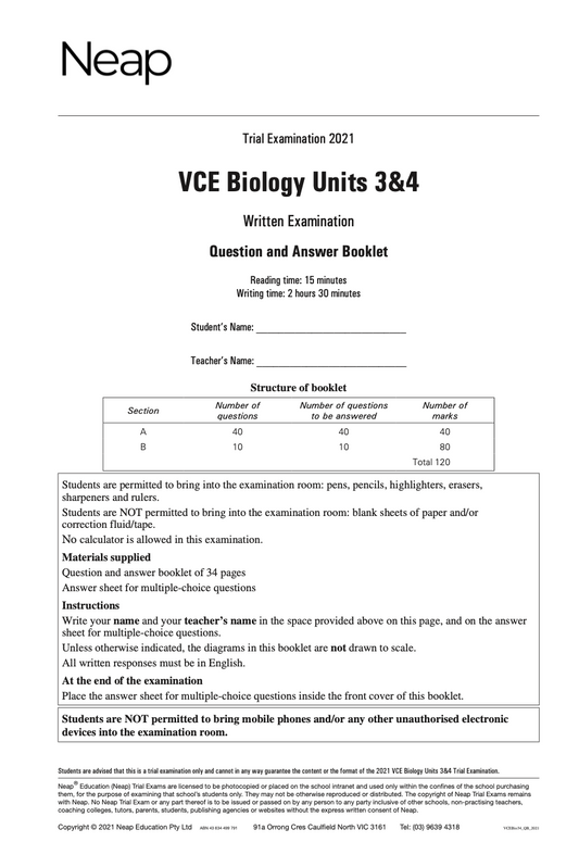 Neap Practice Exam: 2021 VCE Biology Units 3&4