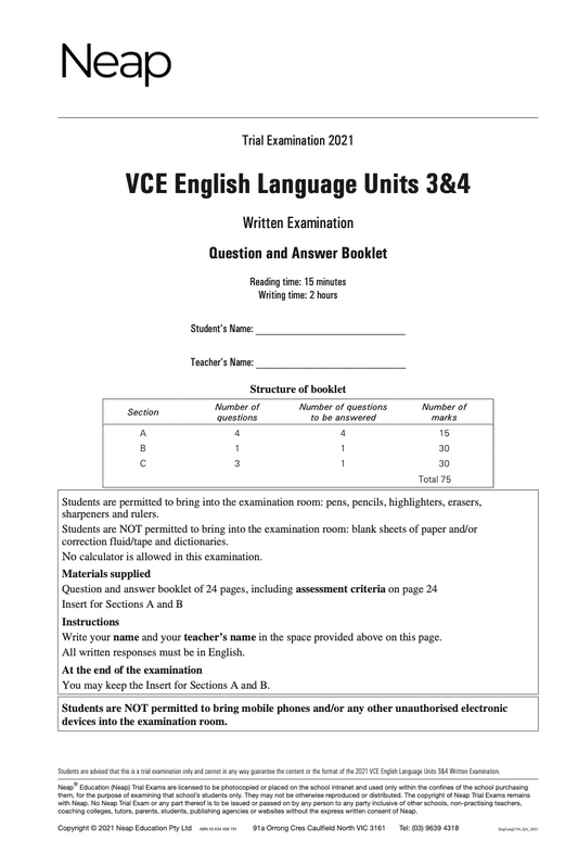 Neap Practice Exam: 2021 VCE English Language Units 3&4
