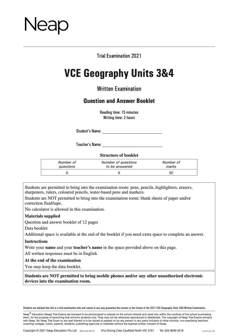 Neap Practice Exam: 2021 VCE Geography Units 3&4