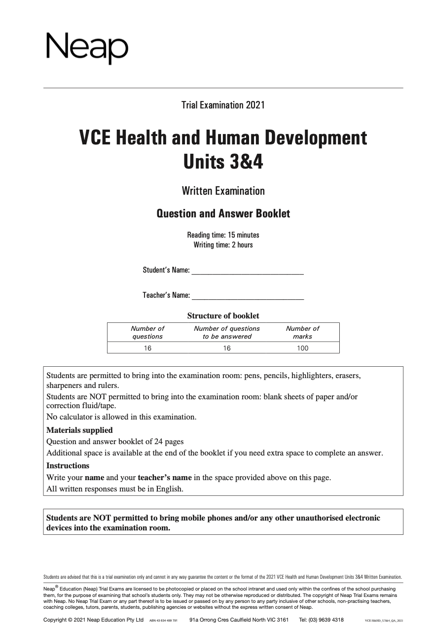 Neap Practice Exam: 2021 VCE Health & Human Development Units 3&4