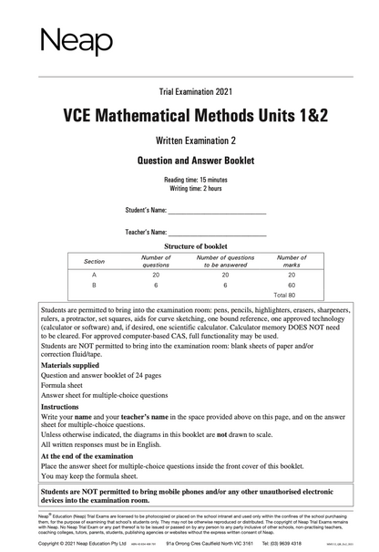 Neap Practice Exam: 2021 VCE Maths Methods Units 1&2