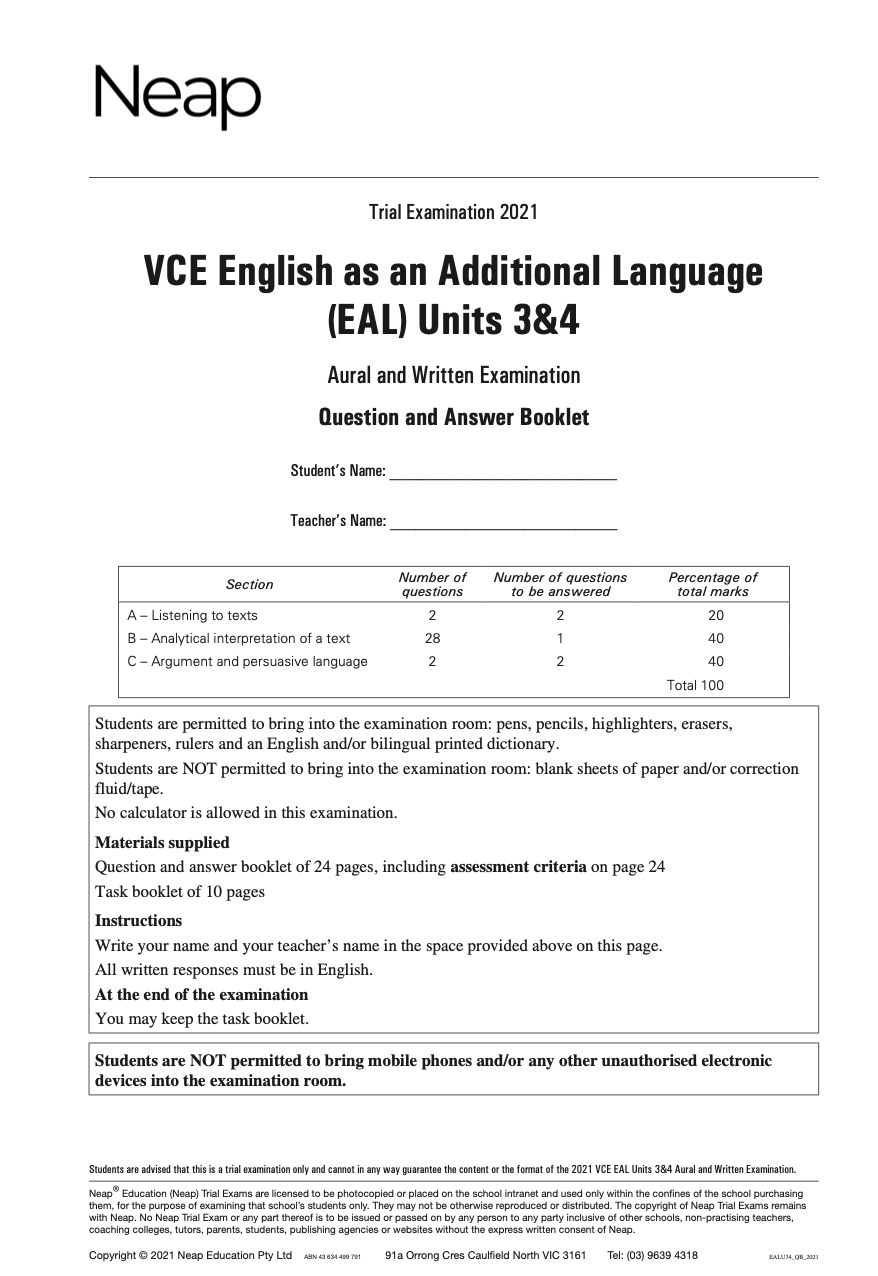 Neap Practice Exam: 2021 VCE English as an Additional Language (EAL) Units 3&4