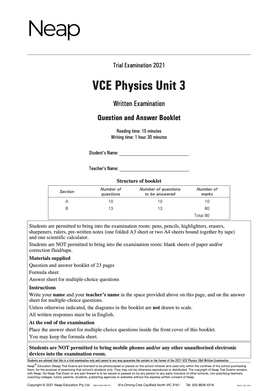 Neap Practice Exam: 2021 VCE Physics Unit 3