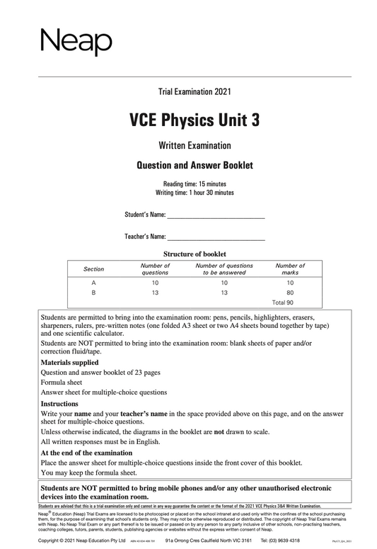Neap Practice Exam: 2021 VCE Physics Unit 3
