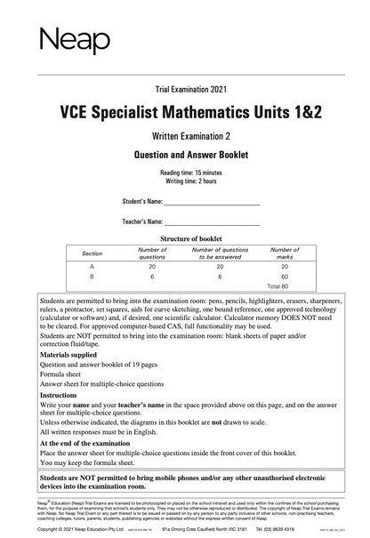 Neap Practice Exam: 2021 VCE Specialist Maths Units 1&2