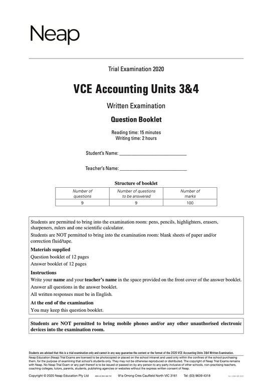 Neap Practice Exam: 2020 VCE Accounting Units 3&4