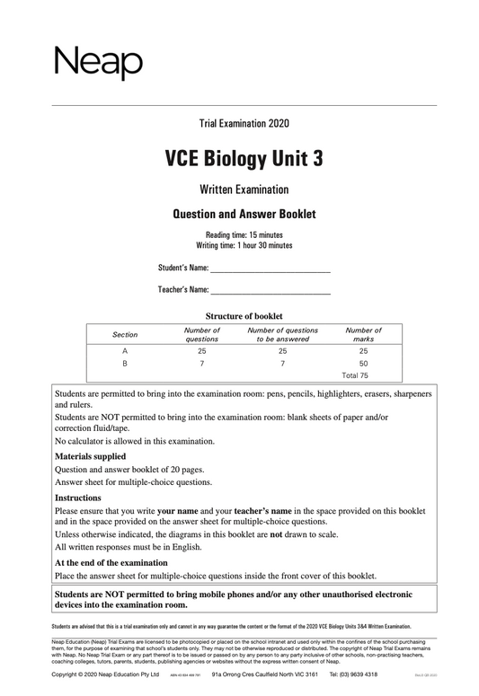Neap Practice Exam: 2020 VCE Biology Unit 3