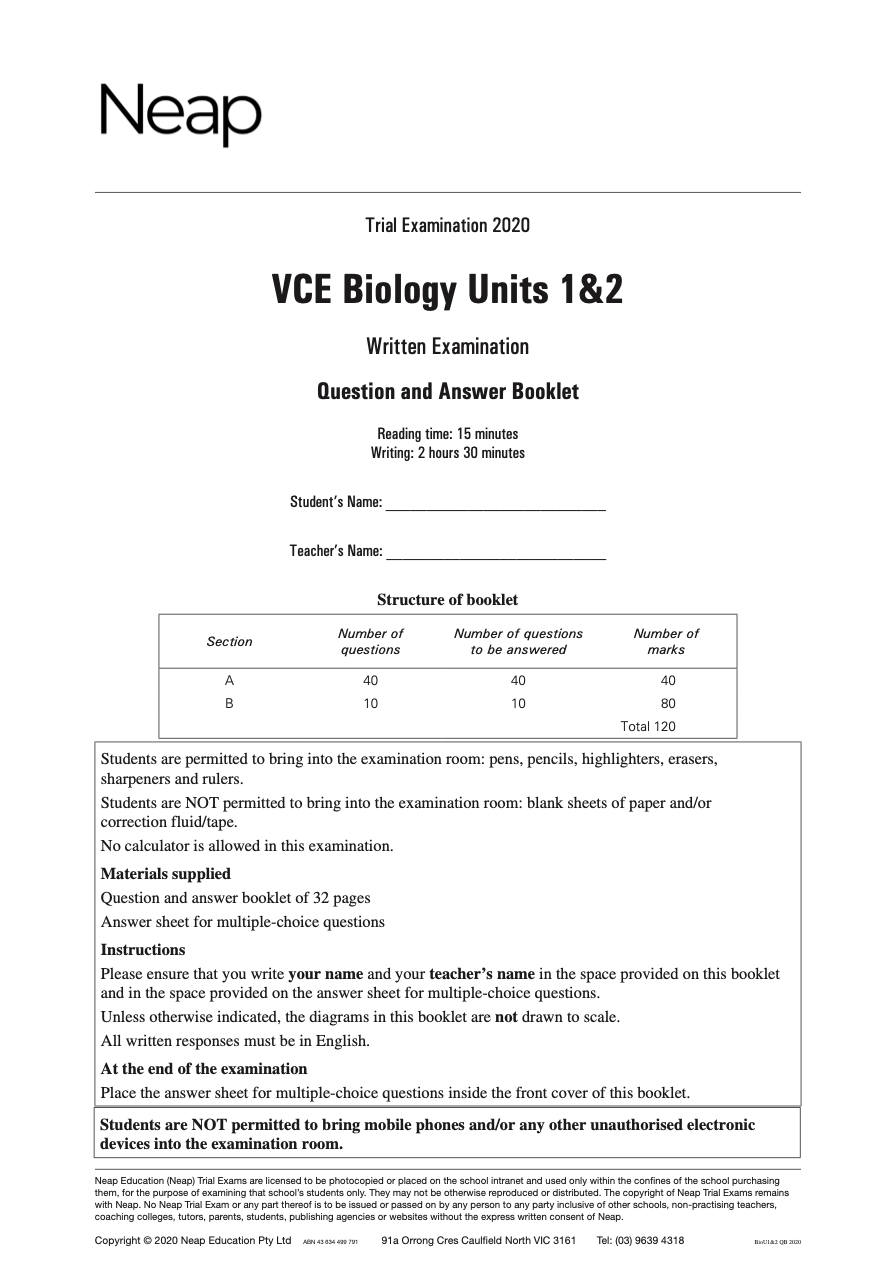 Neap Practice Exam: 2020 VCE Biology Units 1&2
