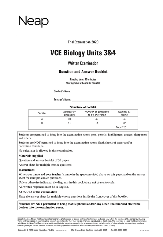 Neap Practice Exam: 2020 VCE Biology Units 3&4