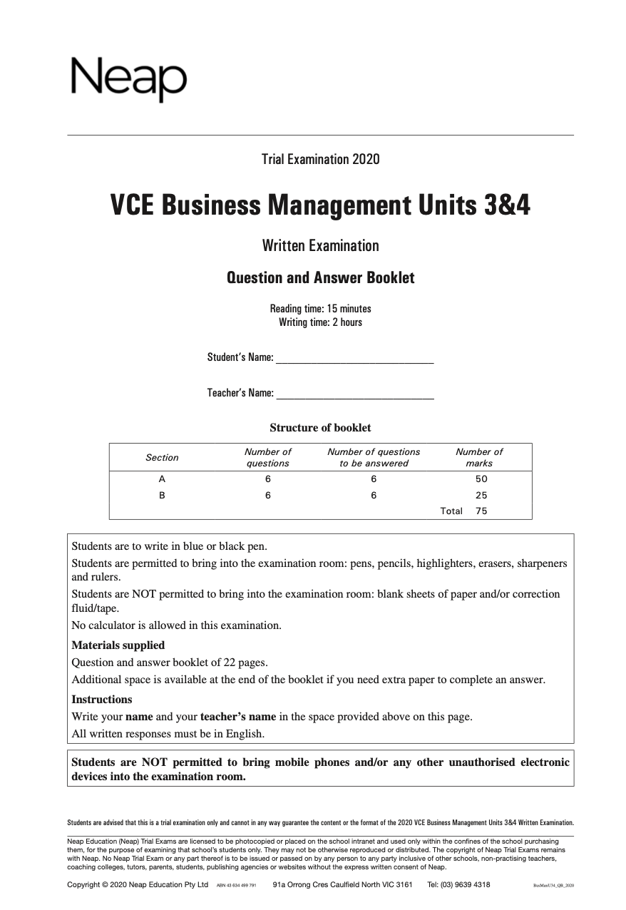 Neap Practice Exam: 2020 VCE Business Management Units 3&4