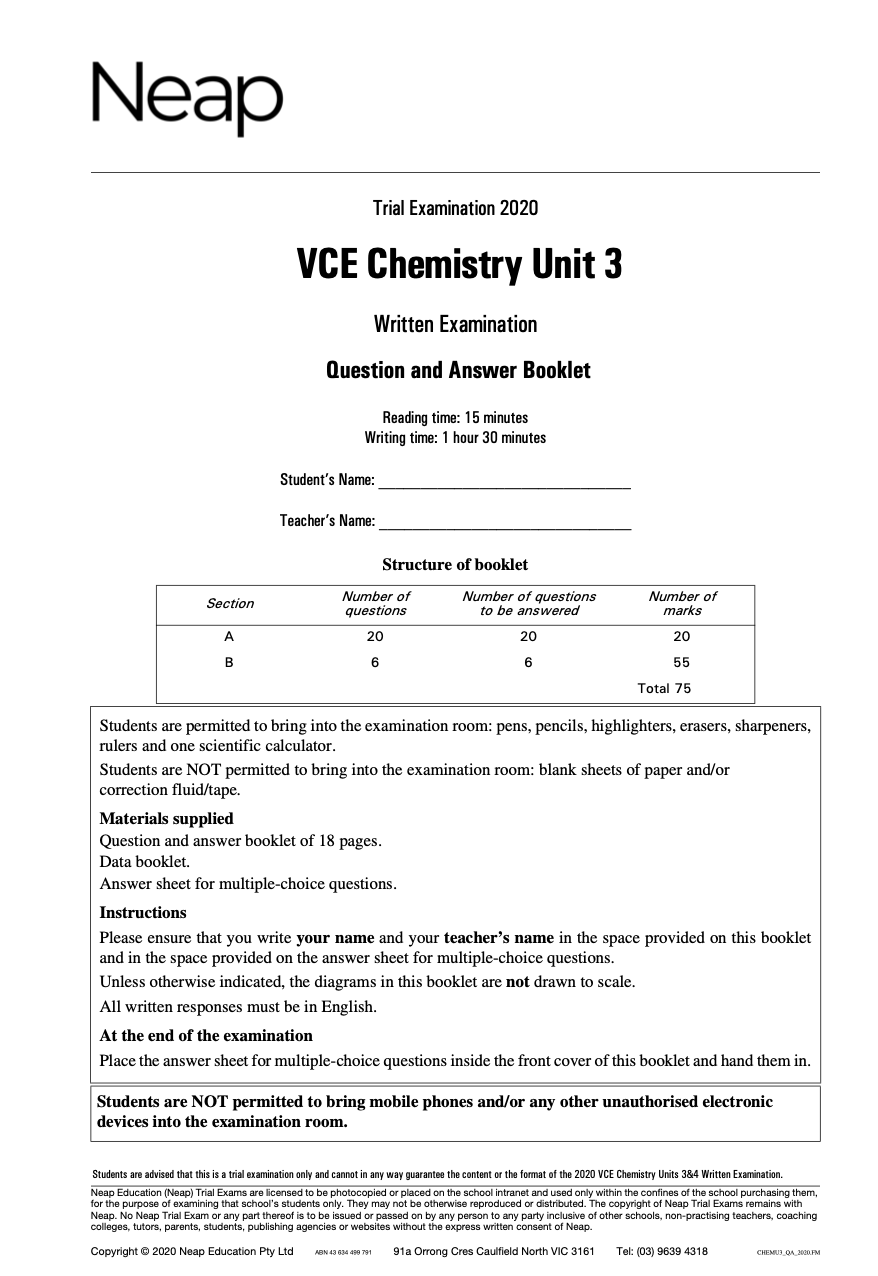 Neap Practice Exam: 2020 VCE Chemistry Unit 3