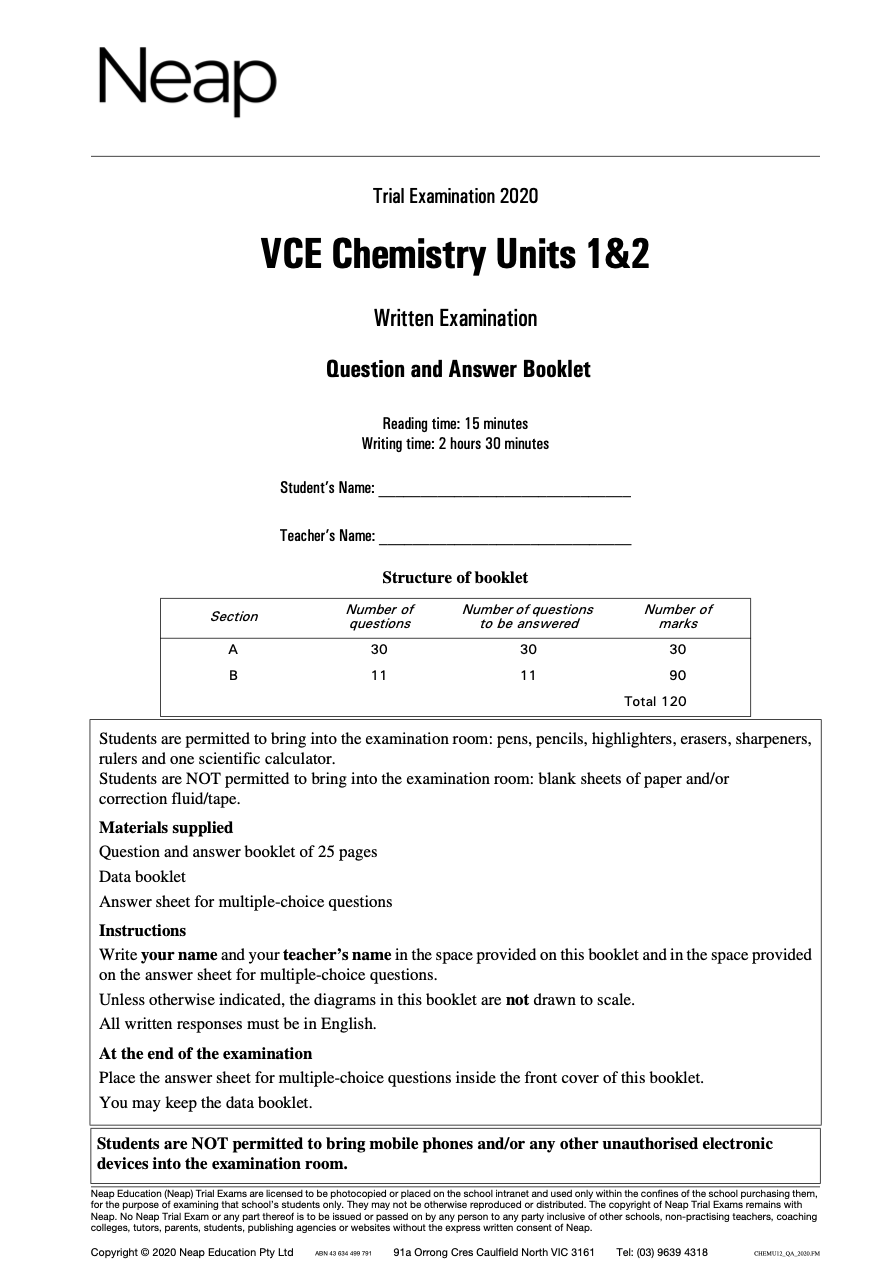 Neap Practice Exam: 2020 VCE Chemistry Units 1&2 (Digital)
