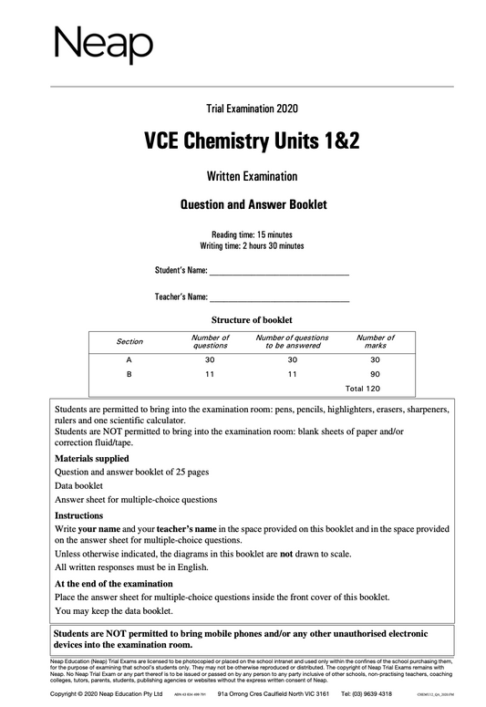 Neap Practice Exam: 2020 VCE Chemistry Units 1&2