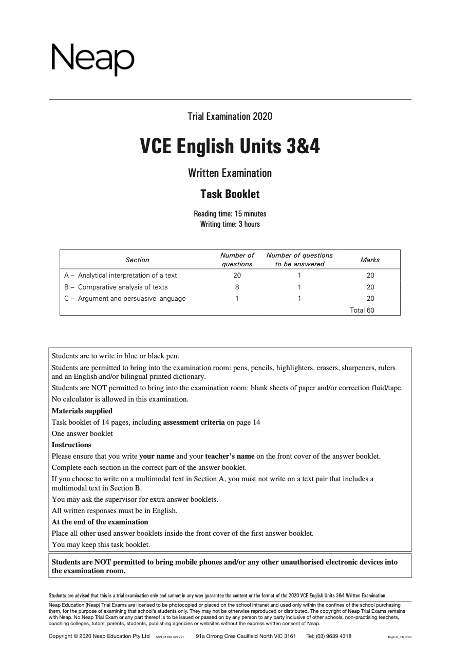 Neap Practice Exam: 2020 VCE English Units 3&4