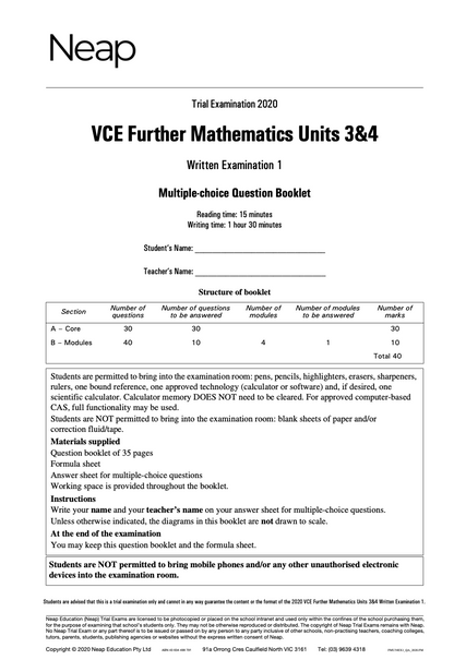 Neap Practice Exam: 2020 VCE Further Maths Units 3&4