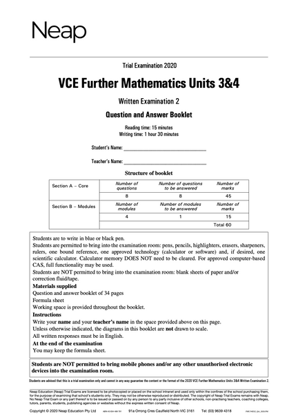 Neap Practice Exam: 2020 VCE Further Maths Units 3&4