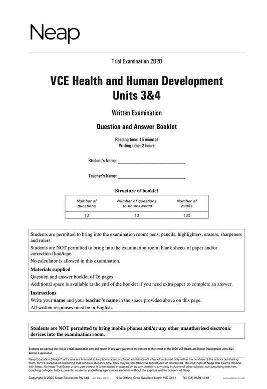 Neap Practice Exam: 2020 VCE Health & Human Development Units 3&4