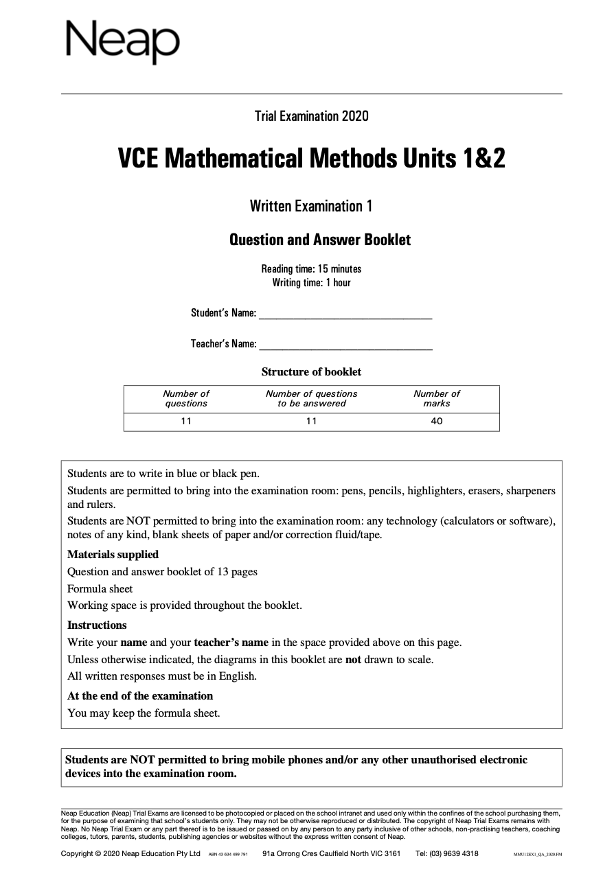 Neap Practice Exam: 2020 VCE Maths Methods Units 1&2