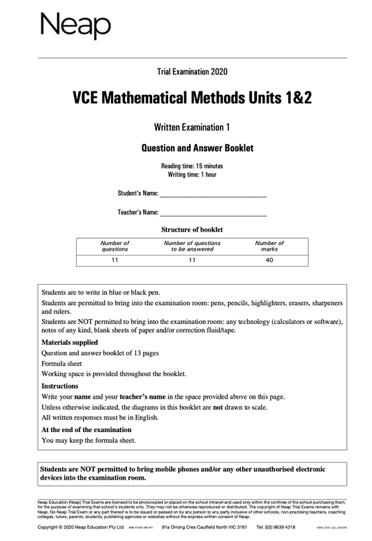 Neap Practice Exam: 2020 VCE Maths Methods Units 1&2