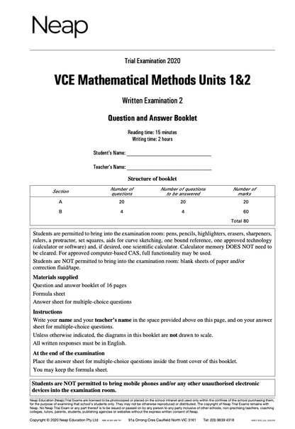 Neap Practice Exam: 2020 VCE Maths Methods Units 1&2