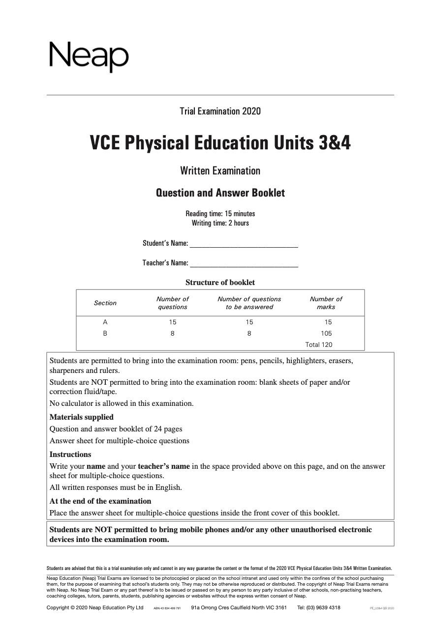Neap Practice Exam: 2020 VCE Physical Education (PE) Units 3&4