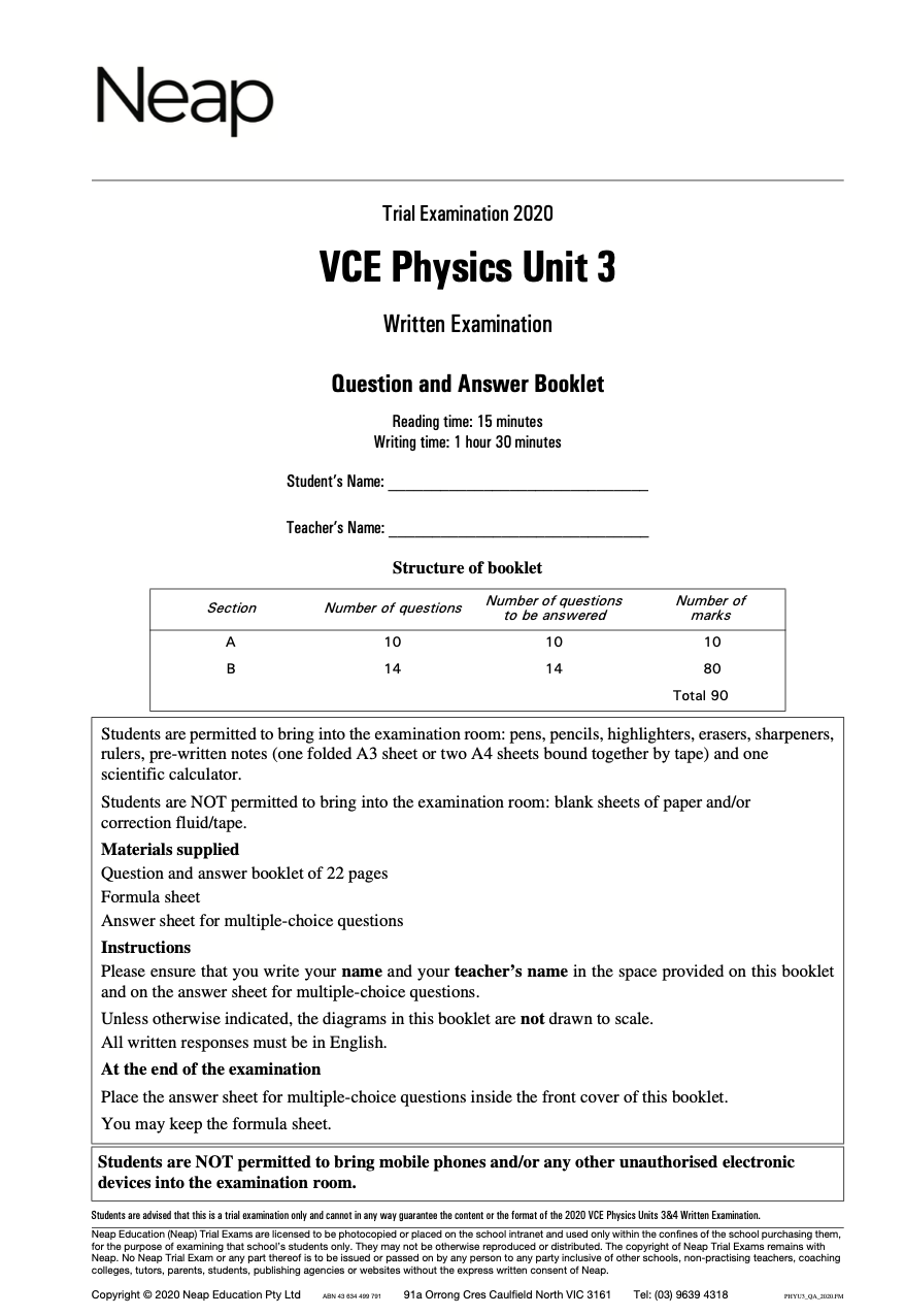Neap Practice Exam: 2020 VCE Physics Unit 3 (Digital)