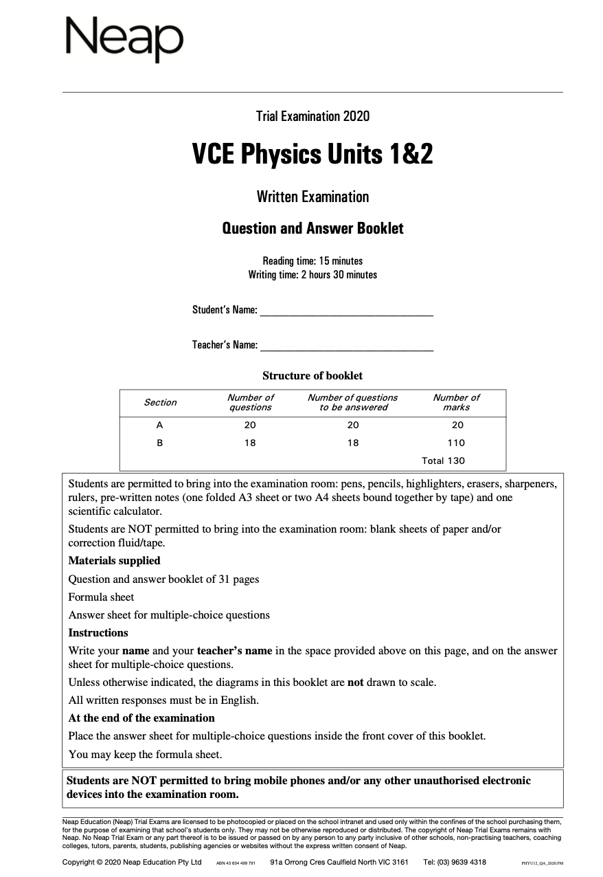 Neap Practice Exam: 2020 VCE Physics Units 1&2 (Digital)