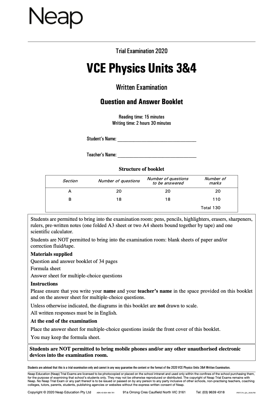 Neap Practice Exam: 2020 VCE Physics Units 3&4 (Digital)