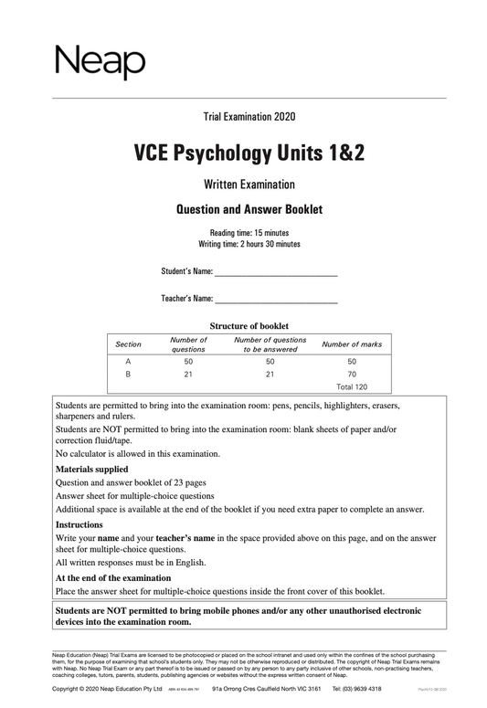 Neap Practice Exam: 2020 VCE Psychology Units 1&2