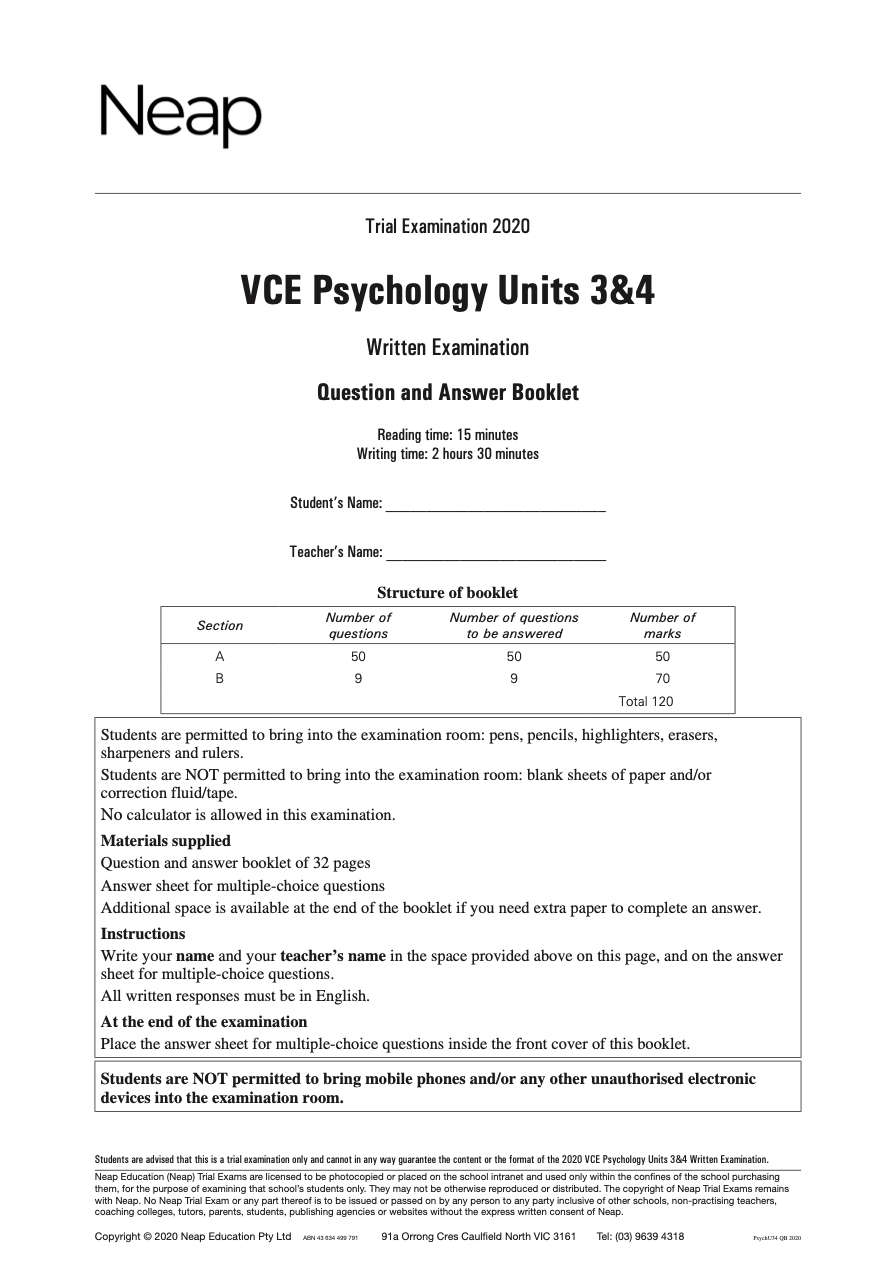 Neap Practice Exam: 2020 VCE Psychology Units 3&4