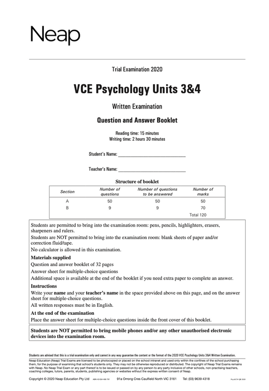 Neap Practice Exam: 2020 VCE Psychology Units 3&4