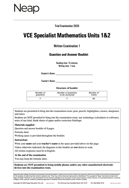 Neap Practice Exam: 2020 VCE Specialist Maths Units 1&2
