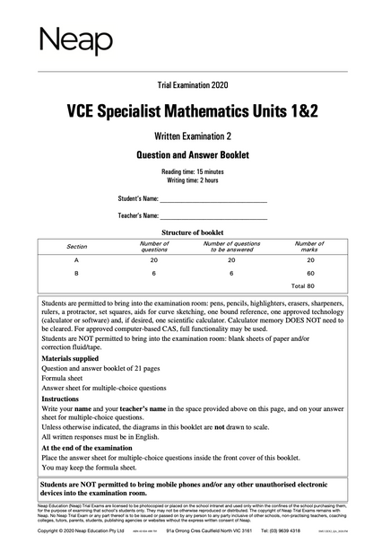 Neap Practice Exam: 2020 VCE Specialist Maths Units 1&2